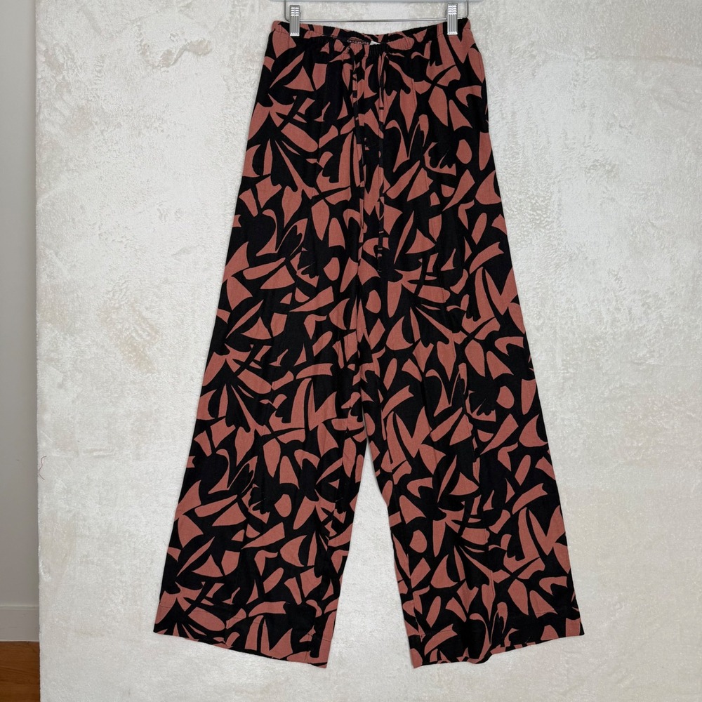 Linen Blend Wide Leg Pull On Pants Floral Abstract Boho Resort Coastal Chic XS